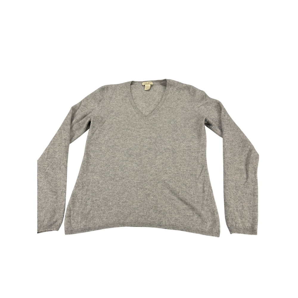 Vertical Design Cashmere Sweater Womens Medium Gray V-Neck 2-Ply Knit Pullover